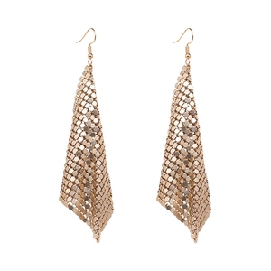 Fashionable gold metal mesh sequin fringe tassel earrings with long geometric drop design