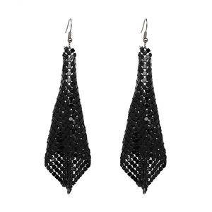 Detail of long black mesh sequin fringe earrings with geometric triangular design