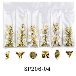 Mix of gold and silver irregular nail art metal studs and charms in a 6-grid bag