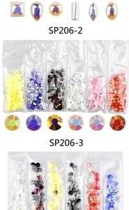Detail view of multi-shaped colorful alloy metal nail art studs in labeled six-pack sets