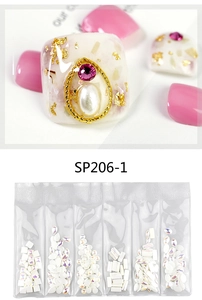 Macro detail of mixed geometric nail charms and multi-shape studs in 6-grid pack