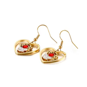 Herz Hänger Ohrringe 316L Edelstahl Mit Rotem Edelstein Und Strass Mode Haken Ohr Schmuck Für Damen