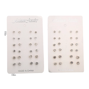 Detail view of 12-pair stud earring set with 5mm and 8mm round rhinestones