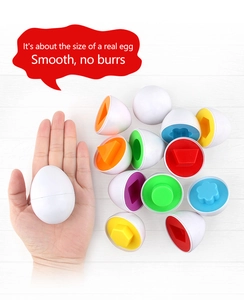 Macro shot of assorted colorful geometric shape matching eggs on a white wood surface