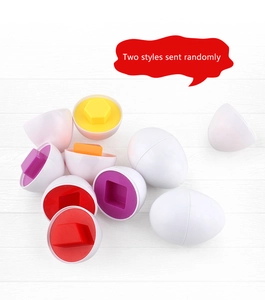 Close-up of educational egg toys showing internal geometric shapes and vibrant colors