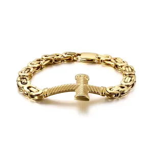 Men Cross Byzantine Chain Bracelet 316L Stainless Steel Retro Punk Gothic Hip Hop Jewelry Fashion Cool Religious Gift