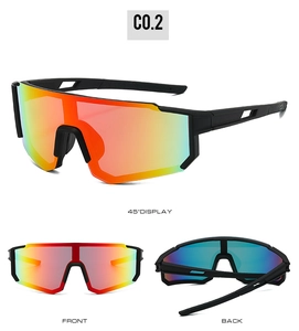 Detail view of colorful outdoor sports sunglasses with matte black frames and vented arms