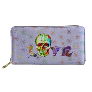 Close-up of lavender PU leather wallet featuring colorful skull prints and LOVE art design