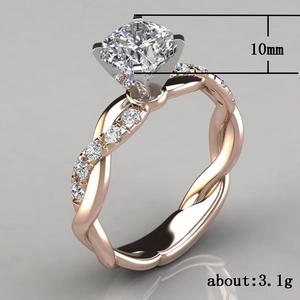 Rose gold cushion-cut ring with twisted band and pave diamonds, 10mm high design