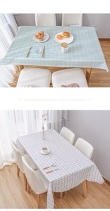 Detail of plaid PEVA tablecloths in mint green and white grid on a dining table