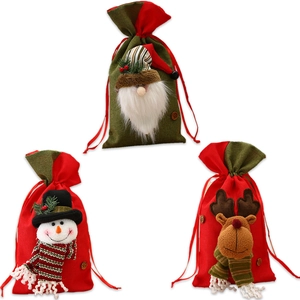 Three Christmas burlap drawstring bags with 3D Santa, Snowman and Reindeer decorations