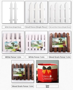 Various Christmas tree fence panels in white and wood finish with a red gift box tree base