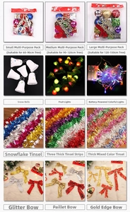 Detailed grid of PVC Christmas tree decor sets including LED lights, baubles, and bows