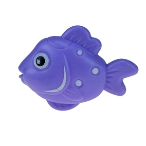 Detail of purple cartoon fish toy with large eyes for kids' bath time fun