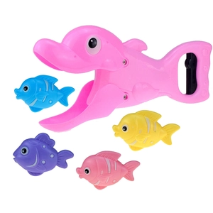 Pink dolphin water toy set with colorful small fish for kids' bathtub play and coordination