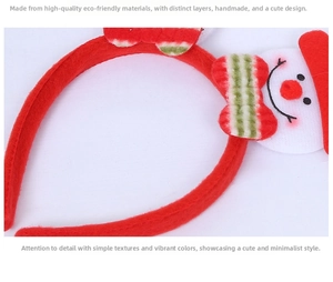 Detail view of festive red Christmas headband featuring plush snowman and striped bow accents