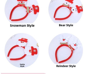Detail view of four Christmas headbands featuring Santa, Snowman, Bear and Reindeer styles