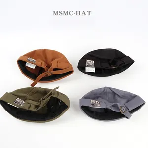 Vintage cotton brimless docker hats with denim patch in black, grey, green and caramel