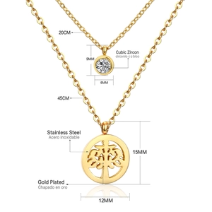 Detail view of double-layer gold stainless steel necklaces with tree of life and zircon