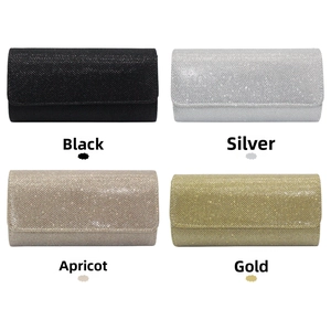 Glitter envelope clutch bags in black, silver, apricot, and gold with chain strap