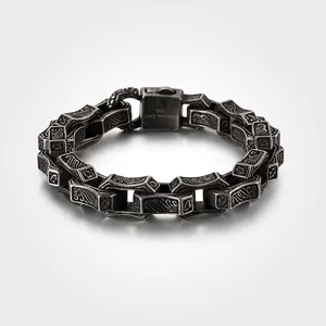 Men Bracelet 316L Stainless Steel Retro Carved Gothic Punk Style Antique Silver Finish Geometric Heavy Metal Jewelry