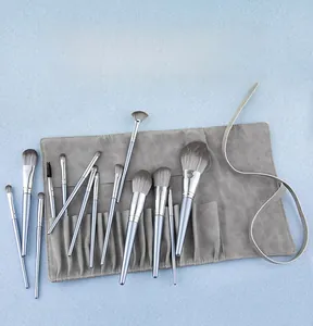 Set di 14 pennelli da trucco azzurro con custodia in pelle scamosciata grigia e fibre