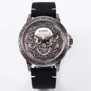 Retro Skull Relief Men Quartz Watch Gothic Personalized Leather Strap Waterproof Calendar Alloy Round Dial Timepiece