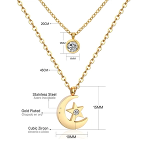 Detailed view of double-layer gold stainless steel necklace with star and moon charms
