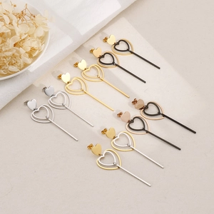 Boucles D'oreilles Pendantes En Acier Inoxydable Coeur Longues Géométriques Doubles Coeurs Creux Barre Verticale Femmes