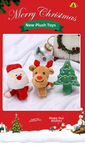 Three-piece set of plush Christmas slap bracelets featuring Santa, reindeer, and tree icons