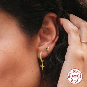 S925 sterling silver gold hoop earrings with green gem leaf and diamond cross charms