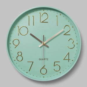 12-inch silent mint green plastic wall clock with 3D gold numbers and quartz movement