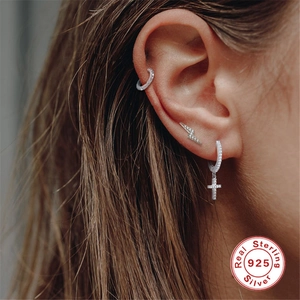 S925 sterling silver earring set with lightning bolt stud and cross pendant hoops
