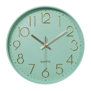 Modern 12 inch mint green silent wall clock with 3D gold numbers and quartz movement