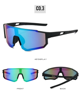 Three-angle view of outdoor sports cycling sunglasses with blue coated shield lens