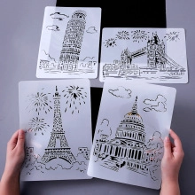 Detail showing 4 plastic drawing templates with world landmark patterns for DIY crafts