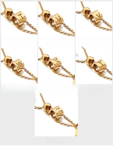 Detailed grid view of golden hollow cylinder pendants with engraved letters T to Z