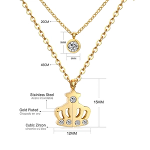 Detailed size chart for layered gold stainless steel necklace with crown and zircon charms