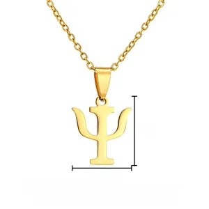 Detailed view of gold Psi Greek symbol pendant necklace with 50cm stainless steel chain