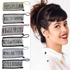 Banana hair clip set in six colors with metal teeth and model showing ponytail hairstyle