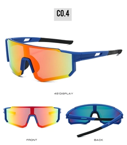 Detailed views of blue cycling sunglasses featuring orange mirrored wrap lenses and side vents
