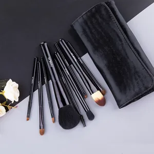 Set of 9 professional makeup brushes with soft bristles and black velvet storage bag