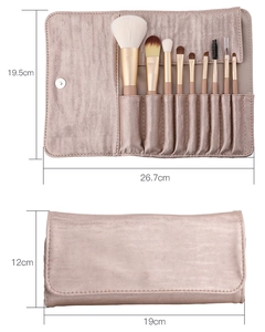 Detailed dimensions of 10pcs makeup brush set with champagne storage roll case