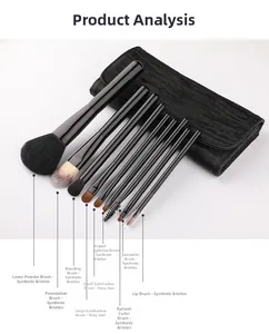 Detail of 9-piece makeup brush set with pony hair and black faux leather storage case