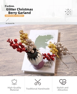 Close-up of sparkling sequined Christmas berry stems in gold, silver, and red colors