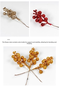 Close-up of flexible wire stem of glittery Christmas berry branch for DIY decoration