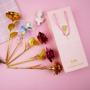 Detailed set of colorful 24K gold foil roses and carnations with a pink gift bag