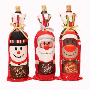 Three-piece Christmas wine bottle covers featuring Santa, snowman, and reindeer designs