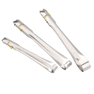 Three-piece stainless steel ice tongs set in various sizes with serrated teeth on white back