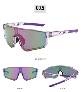Detailed views of multi-colored cycling sunglasses with purple translucent frame and gradient lens